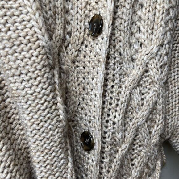 Loft Acrylic Wool Alpaca Chunky Knit Cardigan Sweater Faux Fur Collar Tan/Cream - Picture 3 of 12